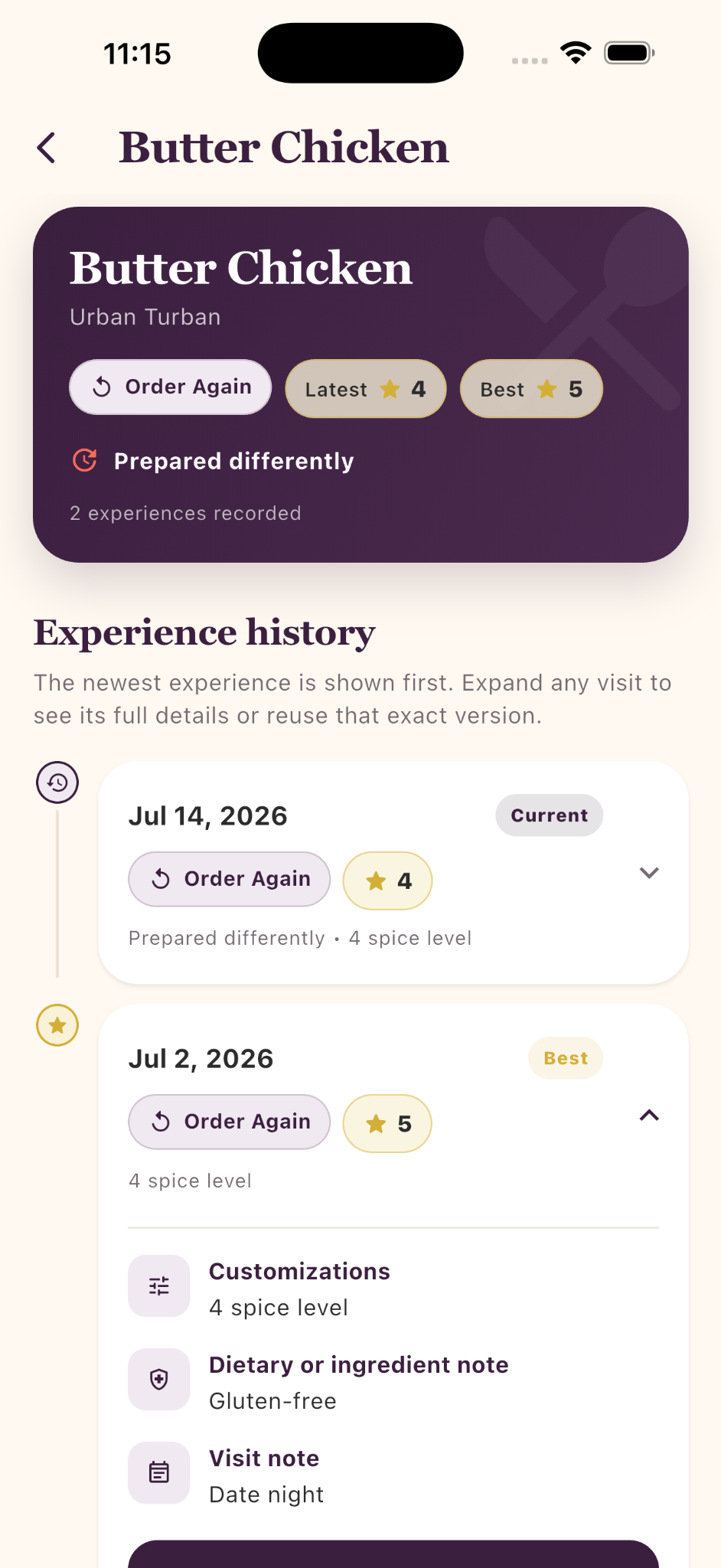PastPlate dish experience history with current and best versions